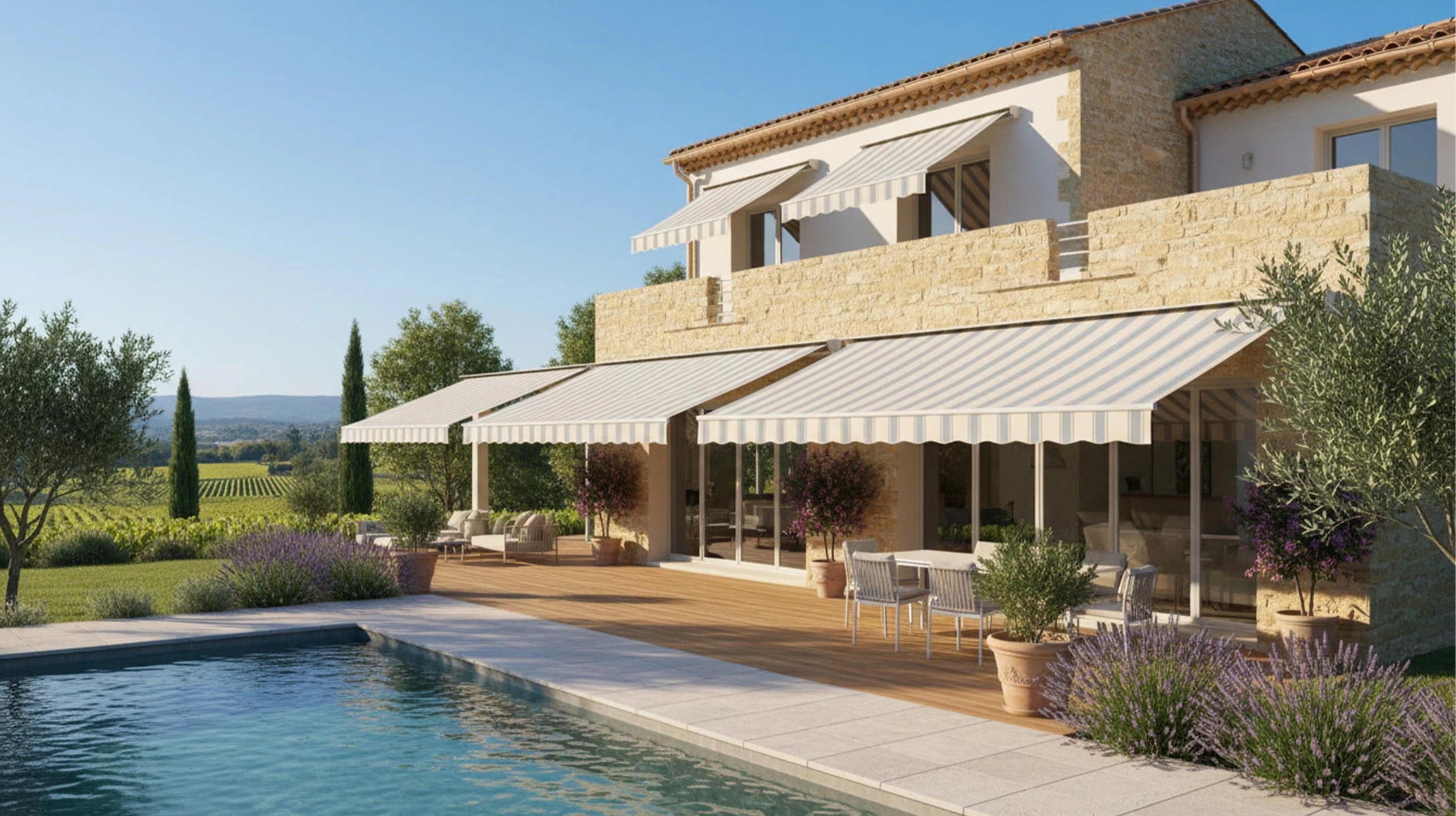 Terrasse moderne avec mobilier d'extérieur haut de gamme sous store banne rayé