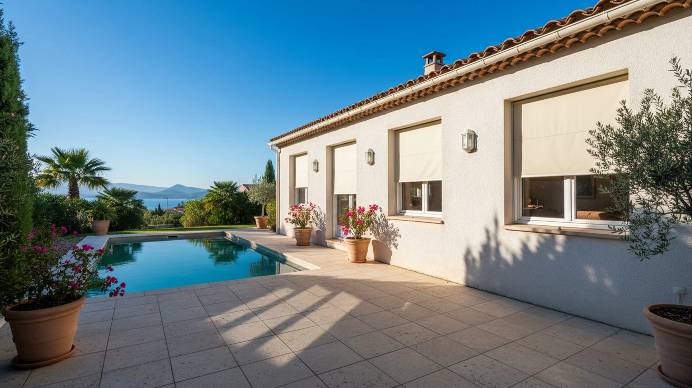 Cadre en plastique de fenêtre ouverte et rideau blanc gonflant au coucher du soleil