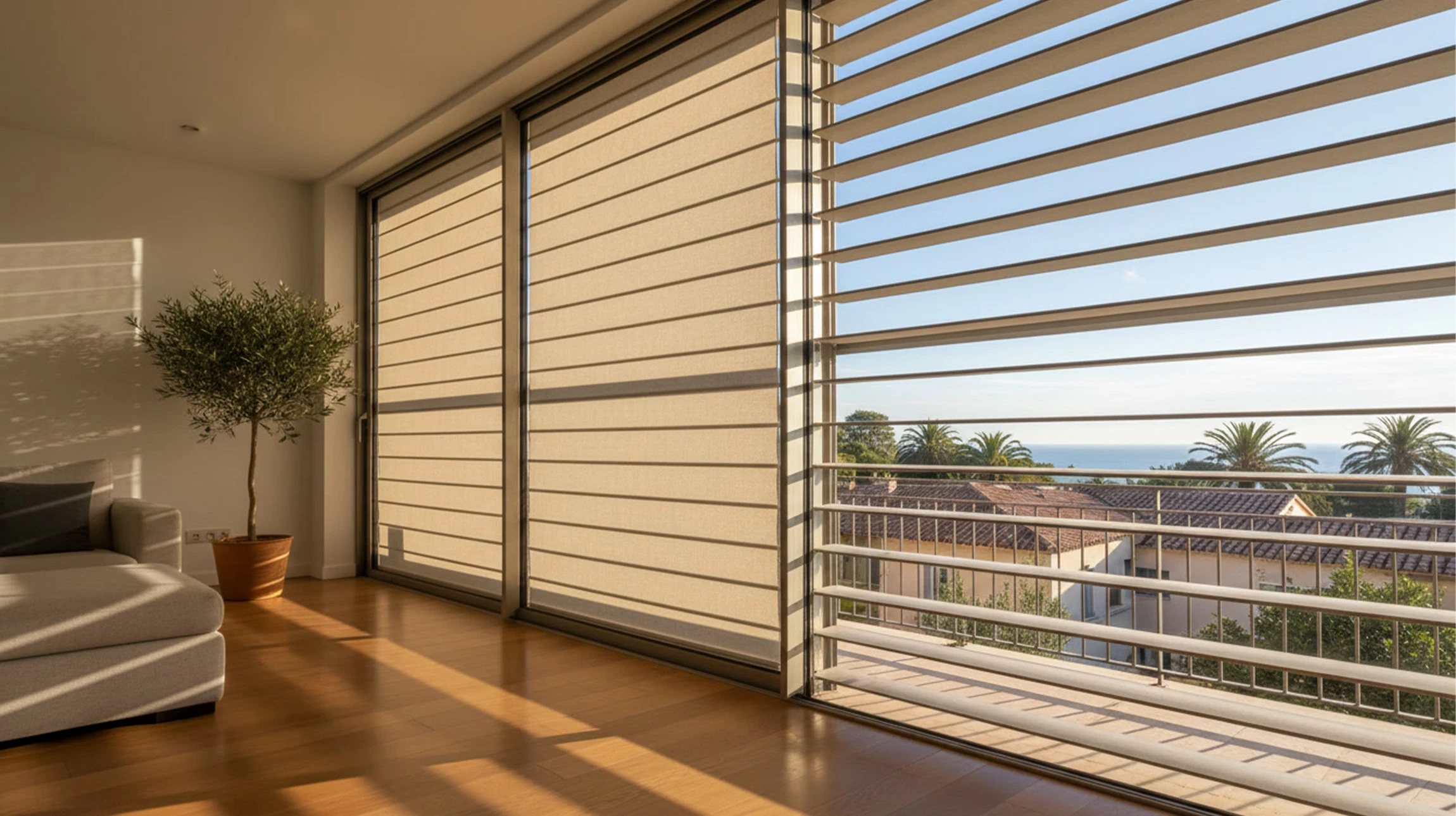 Maison moderne contemporaine avec façade en briques beiges et panneaux blancs, toit noir à deux cheminées
