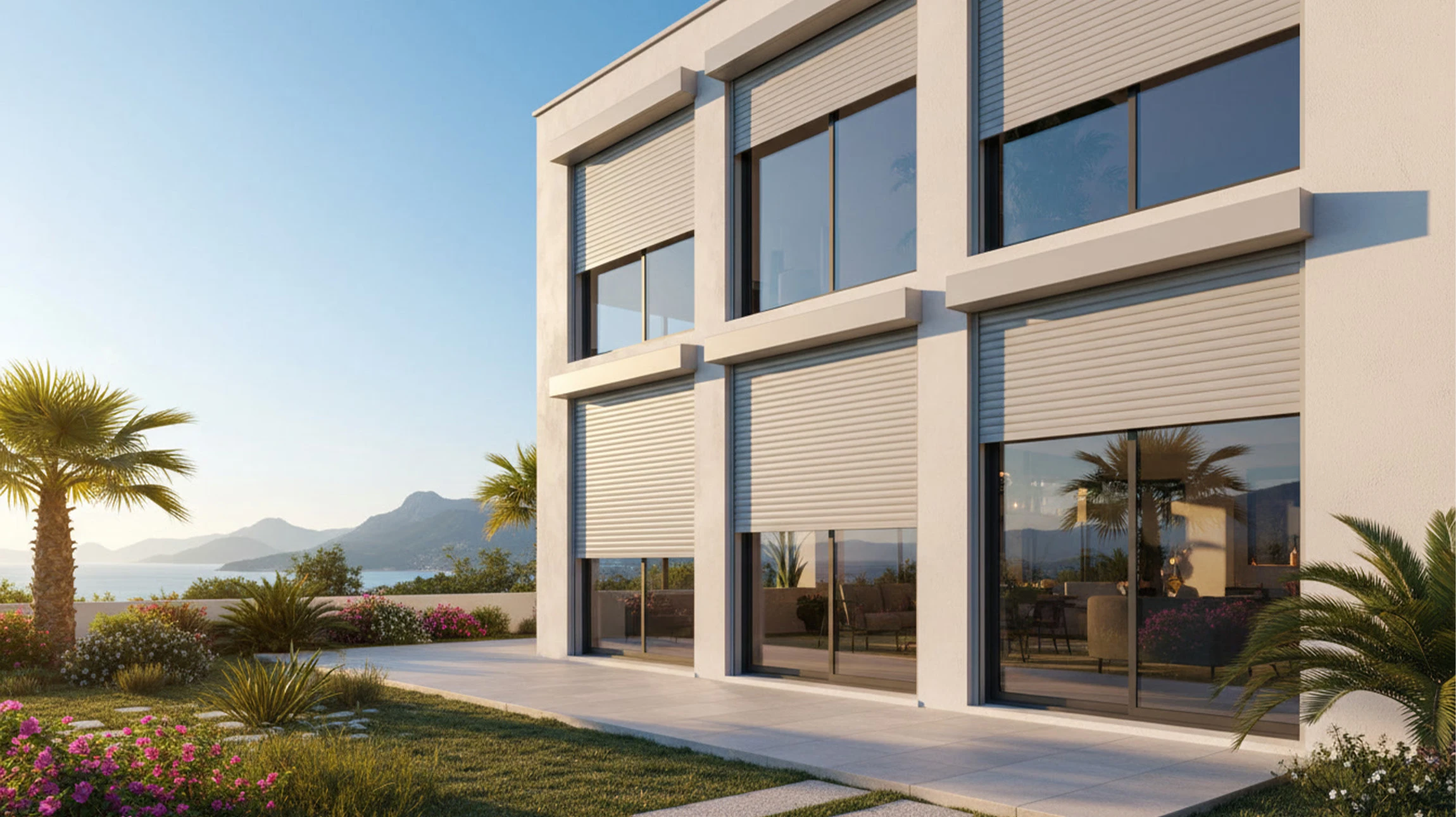 Maison contemporaine à étages avec architecture moderne, située dans environnement résidentiel verdoyant