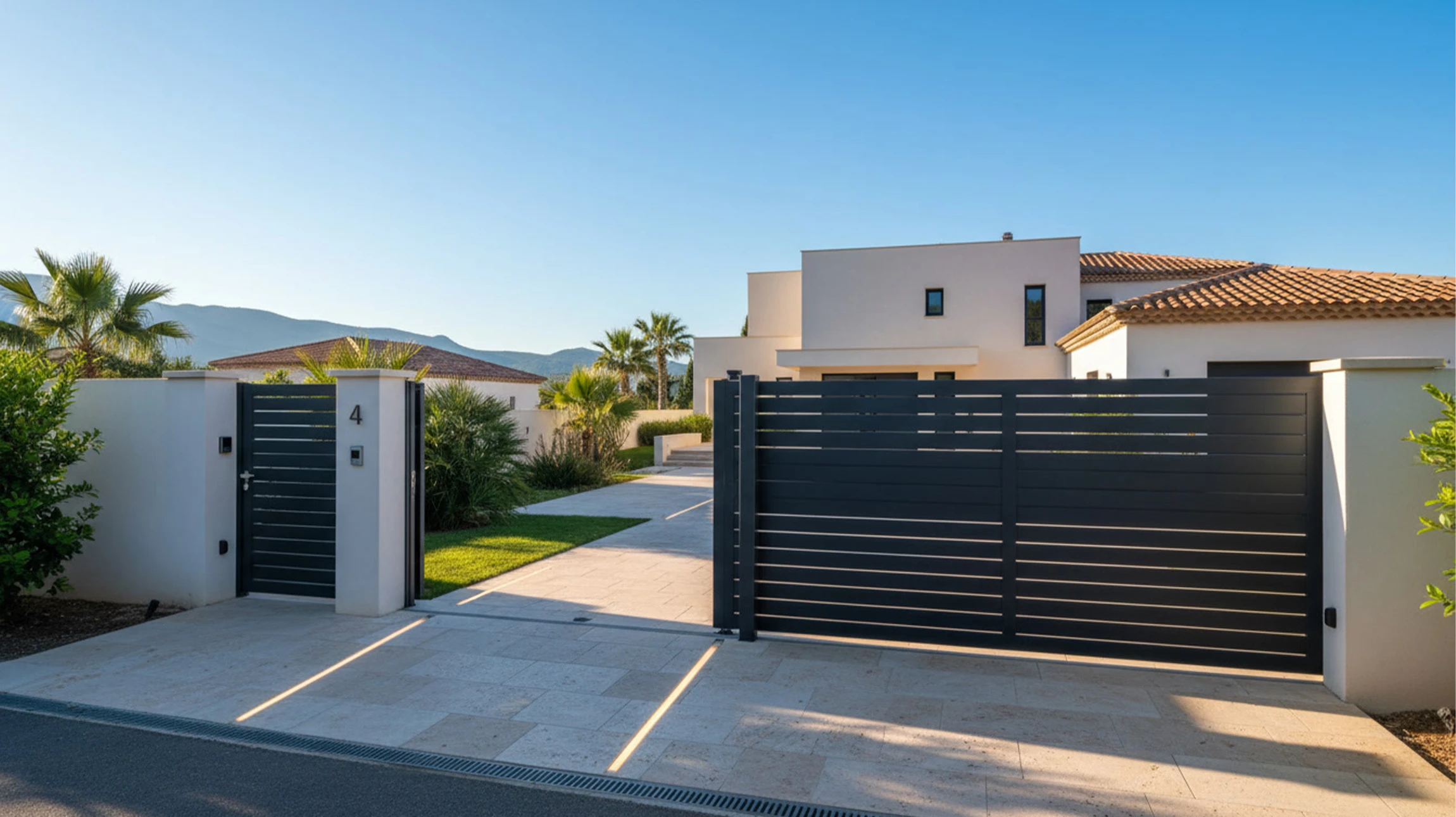 Entrée résidentielle extérieure avec portail coulissant automatique et portillon piéton assortis